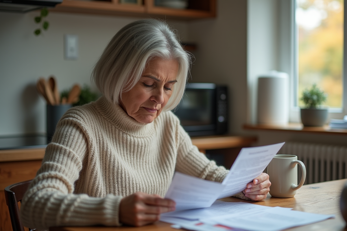 Femme lisant un document d'assurance santé à la maison