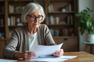 Femme âgée lisant des documents dans un intérieur calme
