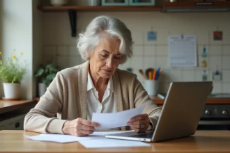 Femme d'environ 50 ans lisant des papiers dans la cuisine