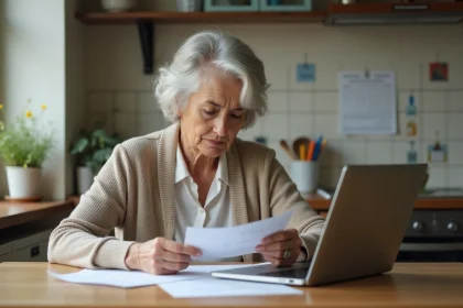 Femme d'environ 50 ans lisant des papiers dans la cuisine