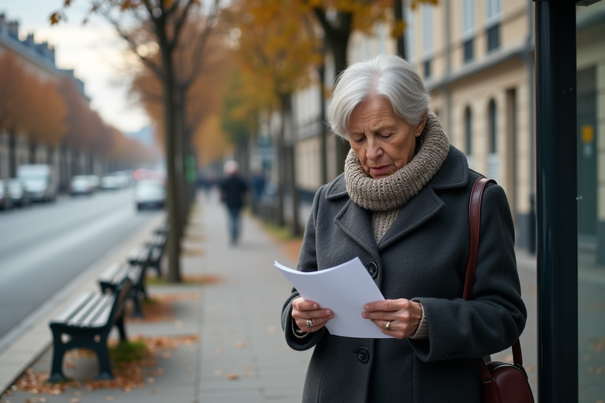 Femme âgée lisant une lettre à un arrêt de bus parisien