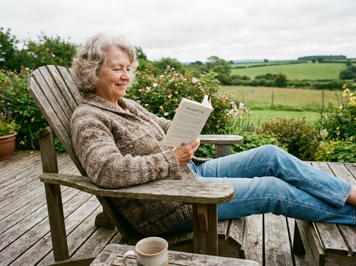 Femme âgée lisant sur une terrasse en pleine nature