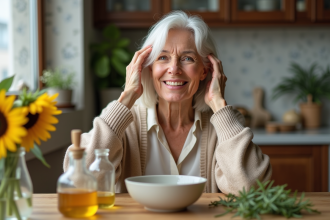 Femme mature se massant les cheveux avec huile maison