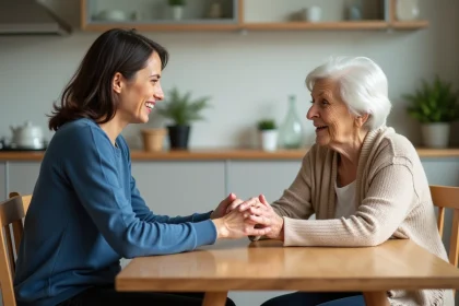 Femme et mère échangeant un petit cadeau dans la cuisine