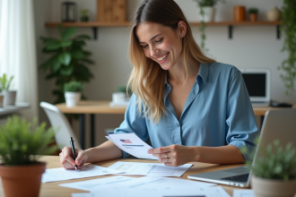 Femme organisée avec documents de voyage et carte sociale