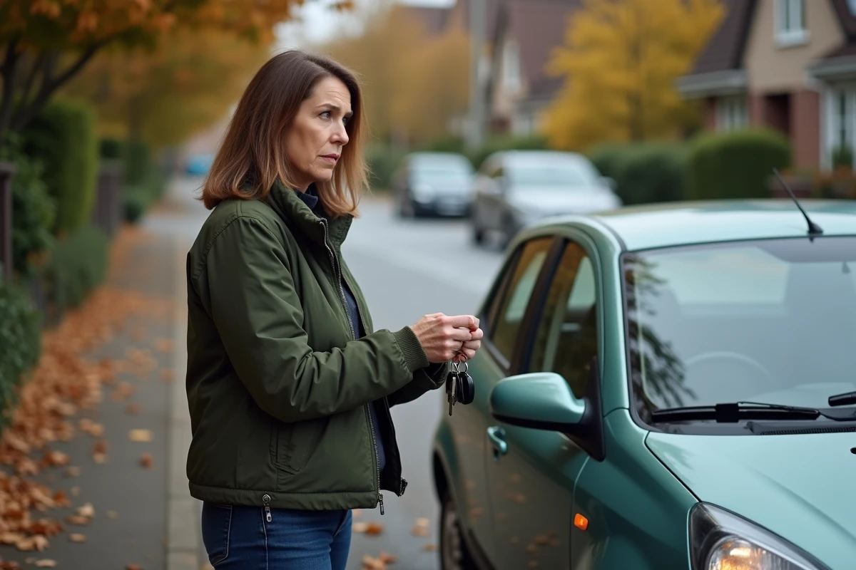 Femme d'âge mûr tenant des clés de voiture reçues d'un proche âgé dans une rue résidentielle en automne
