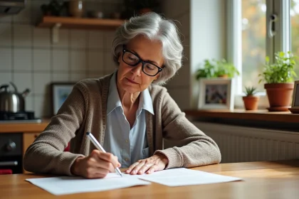 Femme &acirc;g&eacute;e &eacute;crivant une lettre de retraite &agrave; la main dans une cuisine chaleureuse