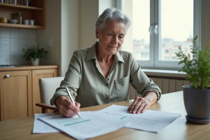 Femme d'une soixantaine examine ses papiers de retraite dans la cuisine
