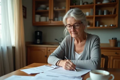 Femme retraitée consultant des documents de pension de réversion à domicile