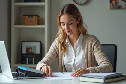 Femme en train de scanner des documents dans un bureau lumineux