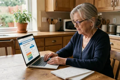 Femme senior comparant des maisons de retraite sur un site internet spécialisé depuis son domicile