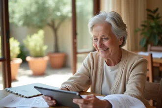 Femme senior comparant des offres de résidences à Nîmes sur une tablette et des brochures imprimées