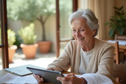 Femme senior comparant des offres de résidences à Nîmes sur une tablette et des brochures imprimées