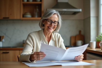 Femme d'âge moyen souriante avec lunettes gère ses documents financiers
