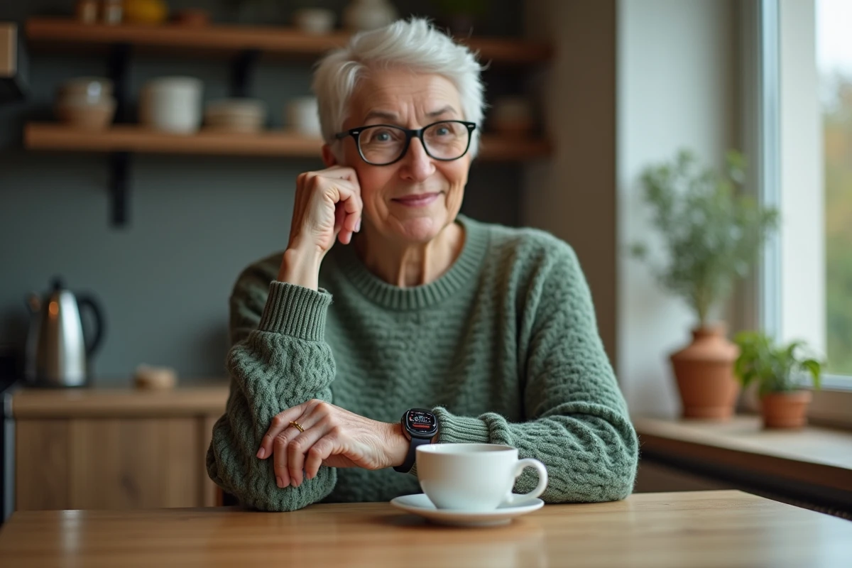 Femme senior examinant une montre GPS de détection de chute dans une cuisine confortable