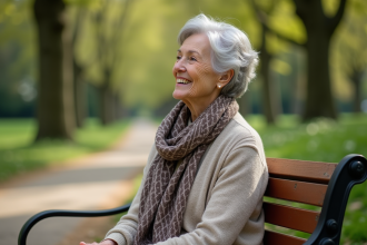 Femme âgée souriante assise dans un parc en plein air
