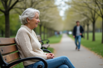 Femme senior assise sur un banc dans un parc en regardant son fils partir