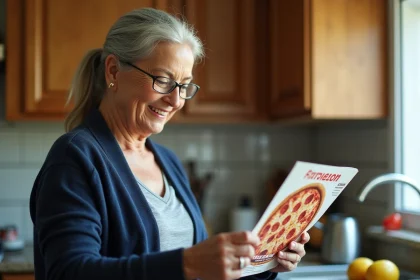 Femme senior examinant un prospectus de promotion pizza dans sa cuisine