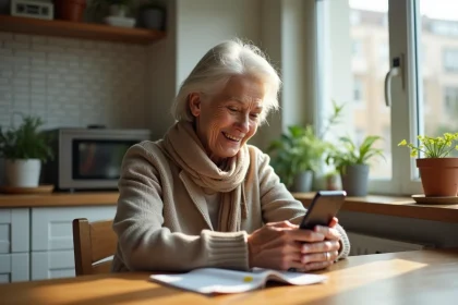 Femme senior examine son railcard et smartphone dans la cuisine
