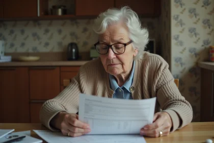 Femme senior contemplant ses papiers dans la cuisine