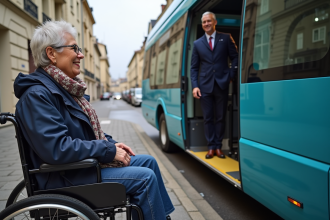 Femme en fauteuil roulant accueillie par un chauffeur de bus