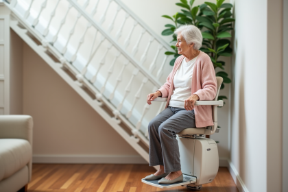 Femme âgée en pastel utilisant un monte-escalier moderne