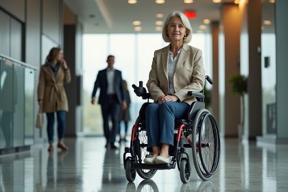 Femme en fauteuil électrique dans un bureau moderne