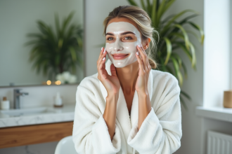Femme en peignoir appliquant un masque facial apaisant