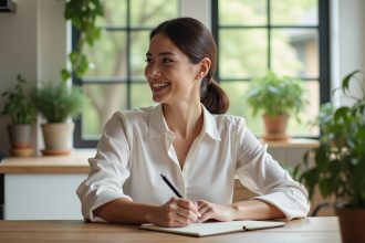 Femme souriante en cuisine moderne et lumineuse