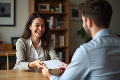 Femme souriante donnant une enveloppe à un jeune homme