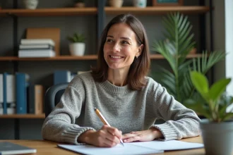 Femme d'âge moyen dans un bureau à domicile en pleine réflexion
