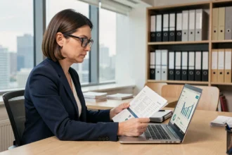 Femme professionnelle vérifiant ses documents financiers sur un tableau de bord de comptes en ligne au bureau pour préparer un contrôle de comptes