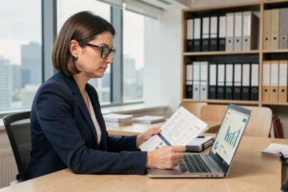 Femme professionnelle vérifiant ses documents financiers sur un tableau de bord de comptes en ligne au bureau pour préparer un contrôle de comptes