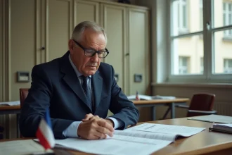 Fonctionnaire de 58 ans consultant des documents de retraite Cnav dans un bureau administratif officiel