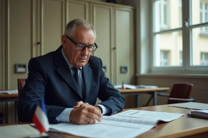 Fonctionnaire de 58 ans consultant des documents de retraite Cnav dans un bureau administratif officiel