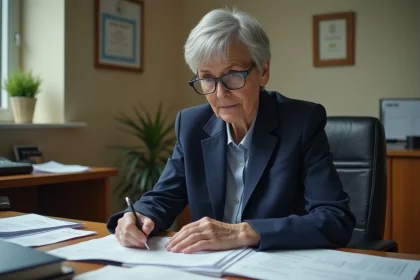 Fonctionnaire senior étudiant des documents de revalorisation de retraite à son bureau administratif
