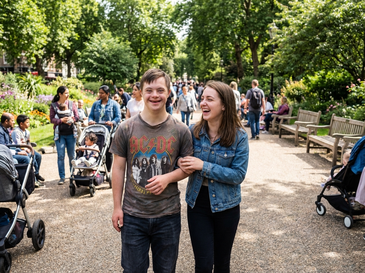 Jeune homme avec Down syndrome marchant avec sa sœur dans un parc