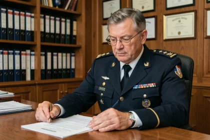 Gendarme en uniforme officiel consultant ses documents de retraite après 30 ans de service dans la gendarmerie nationale