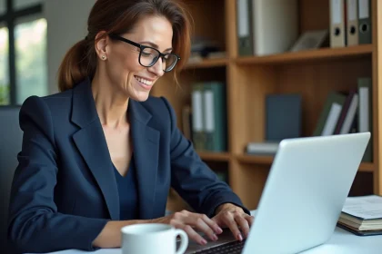 Femme professionnelle gérant une curatelle renforcée sur le portail Mon Proxima depuis un bureau à domicile