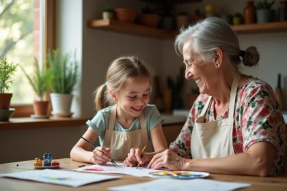 Une grand-mère et sa petite-fille peignent ensemble à l'aquarelle autour d'une table en bois, partageant un moment de loisirs créatifs en famille