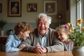 Grand-pere souriant avec petits-enfants autour de la table