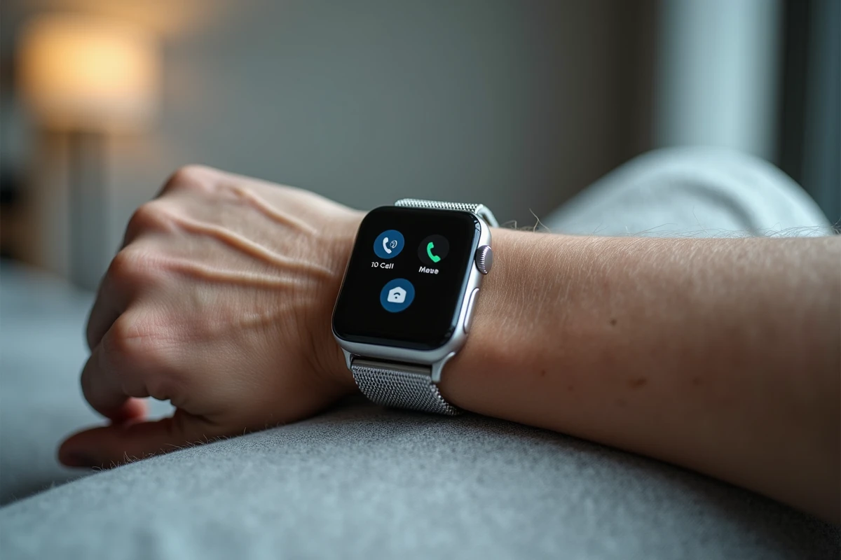 Gros plan d'une montre connectée SOS avec géolocalisation portée par un senior