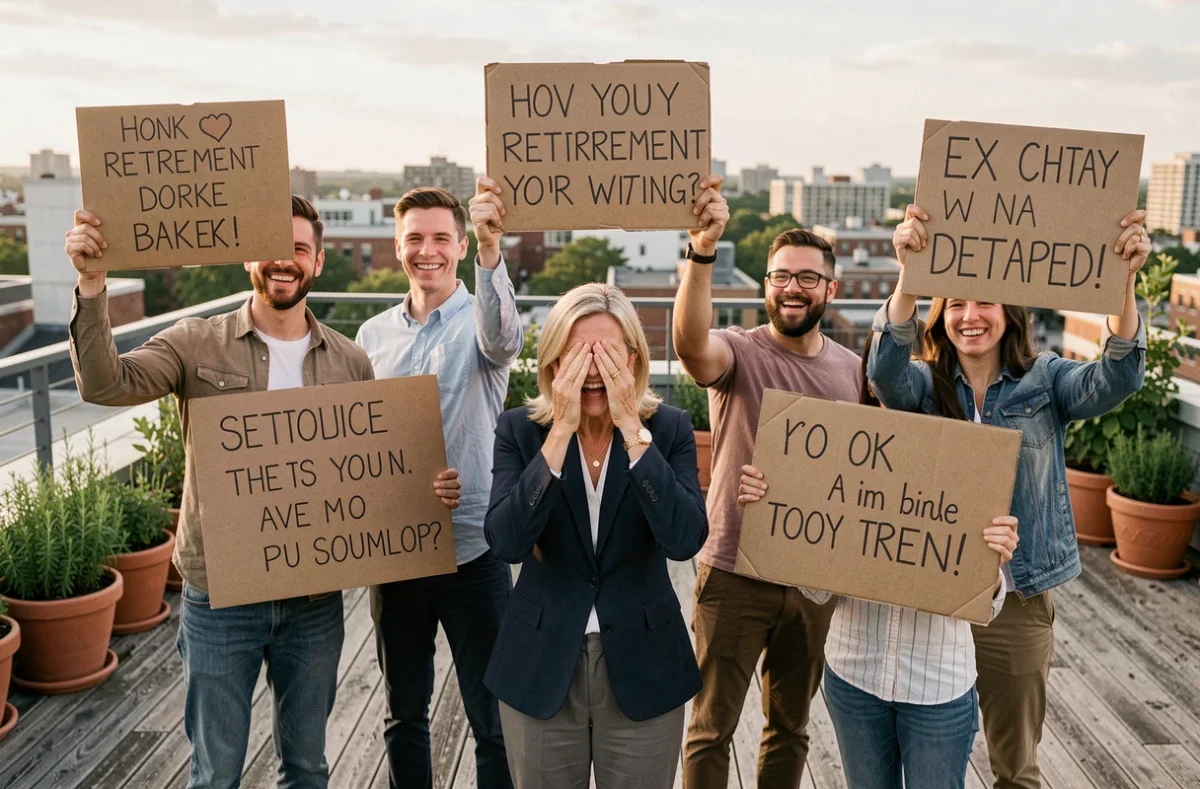Groupe de collègues tenant des pancartes humoristiques pour fêter le départ à la retraite d'une femme sur une terrasse d'entreprise