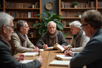 Groupe de personnes discutant autour d'une table en bibliothèque