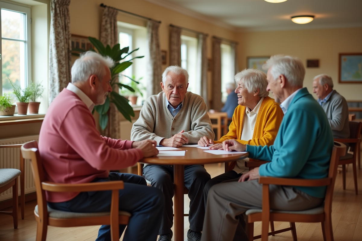Groupe de seniors discutant dans un salon communautaire