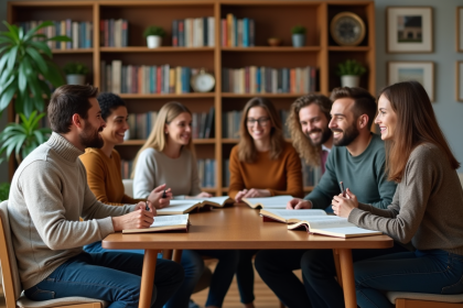 Groupe de personnes discutant dans un salon chaleureux
