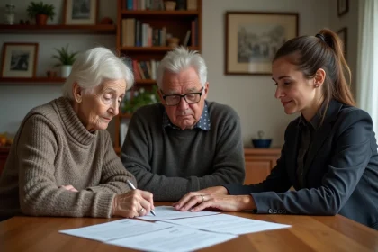 Famille réunie autour d'une table avec une notaire pour discuter d'une habilitation familiale en vue d'un placement en EHPAD