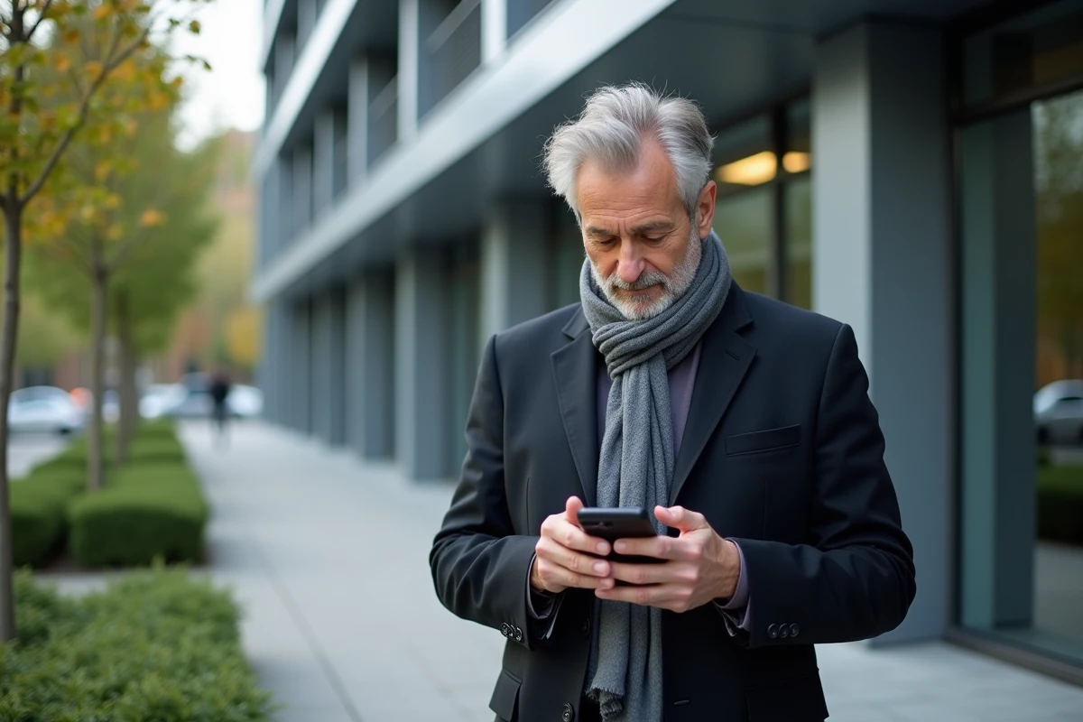 Homme fran&ccedil;ais de 50 ans regardant son smartphone