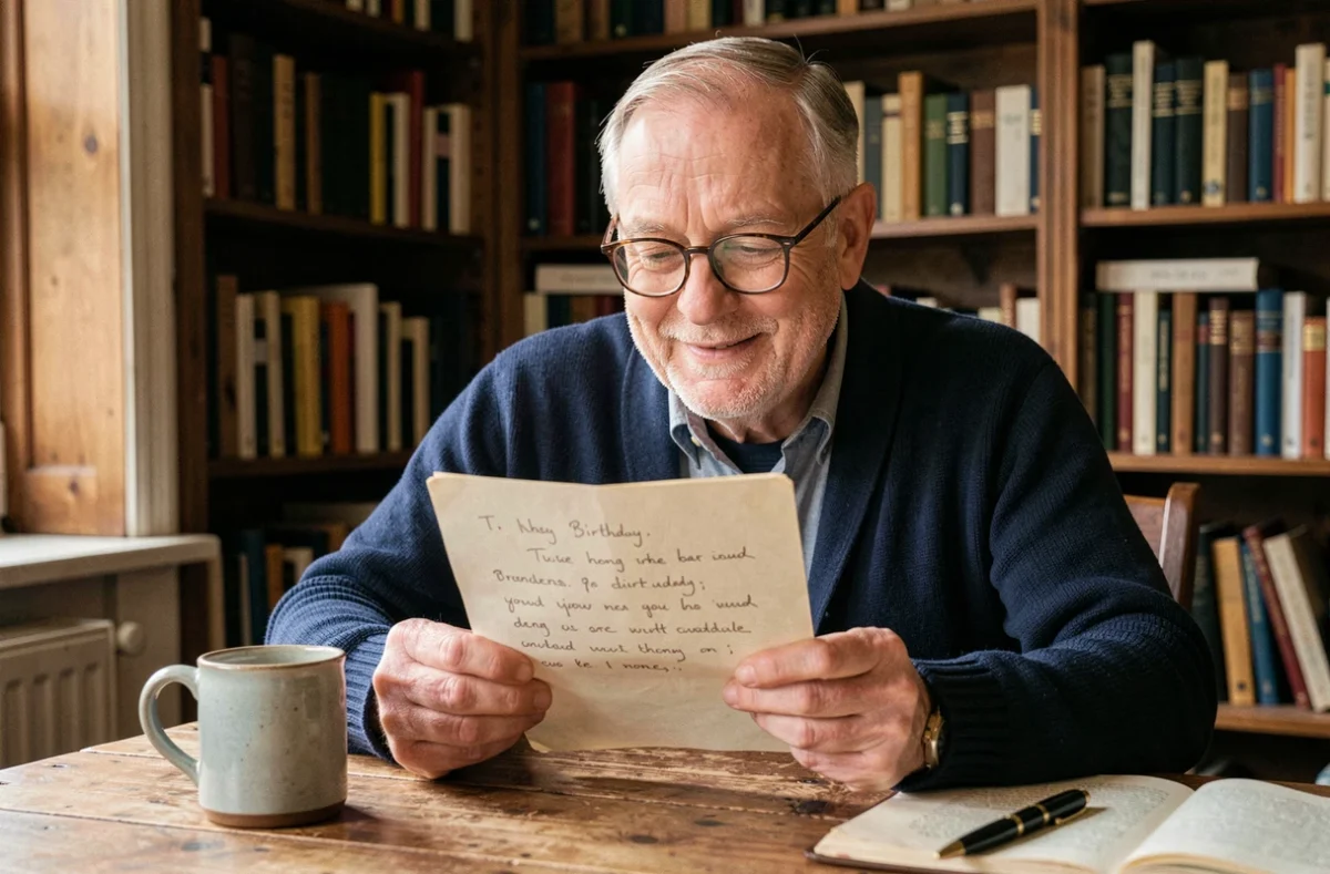 Homme de 70 ans lisant une lettre d'anniversaire touchante écrite par un ami de longue date dans une bibliothèque chaleureuse