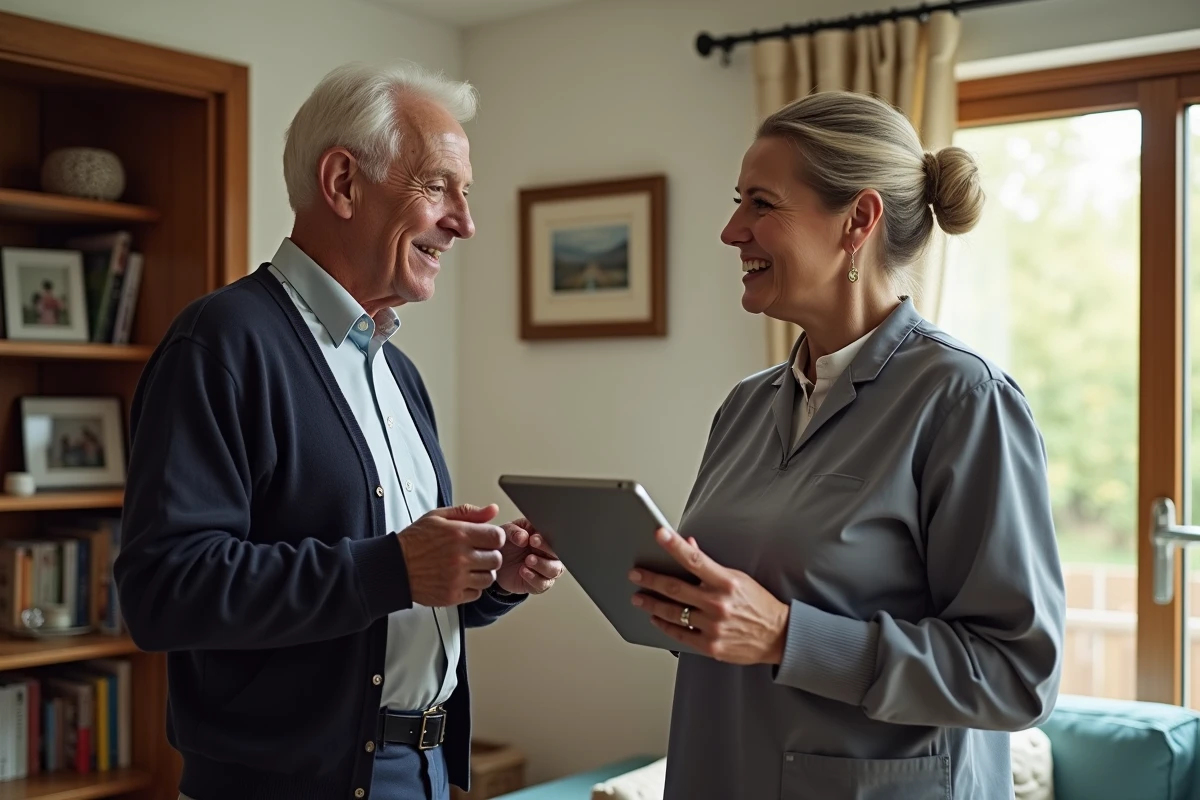 Homme senior discutant avec une aide à domicile dans un salon